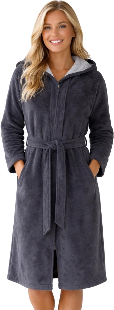 Dames Badjas met Rits en Kap - Velours en Bamboo