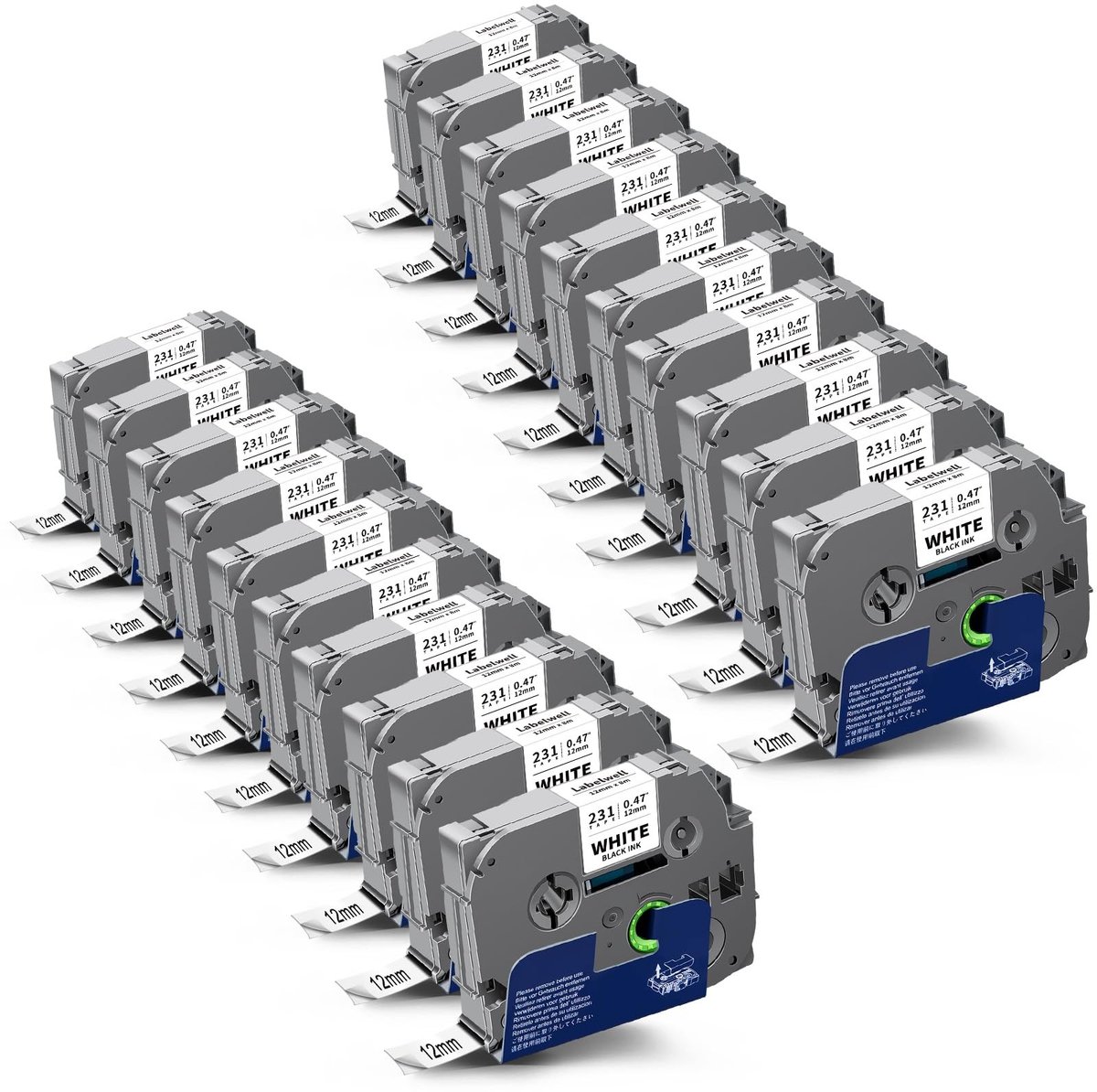 20 Stuks Label Tape 12mm x 8m - Zwart op Wit voor Brother P-touch
