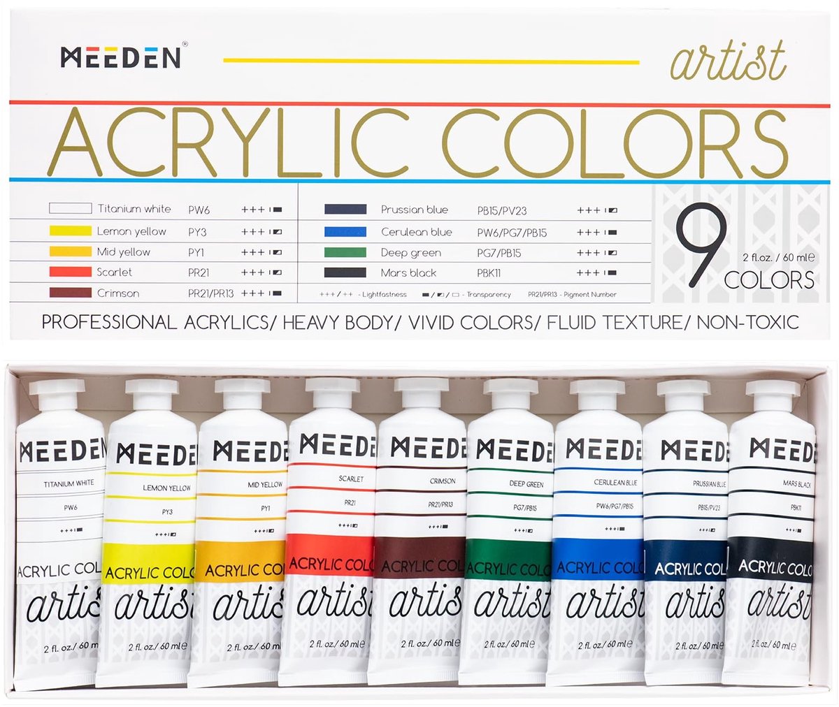 Professionele Acryla Verf Set - 9 Tubes van 60 ml