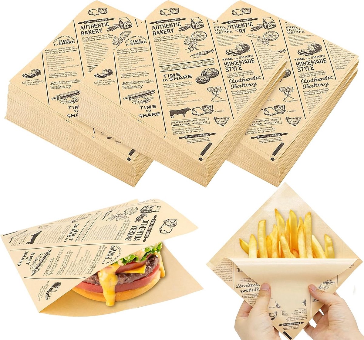 150 Stuks Waterproof en Oilproof Papieren Burgerzakken, 18x18cm, Ideaal voor Sandwiches, Kebab en Frietjes