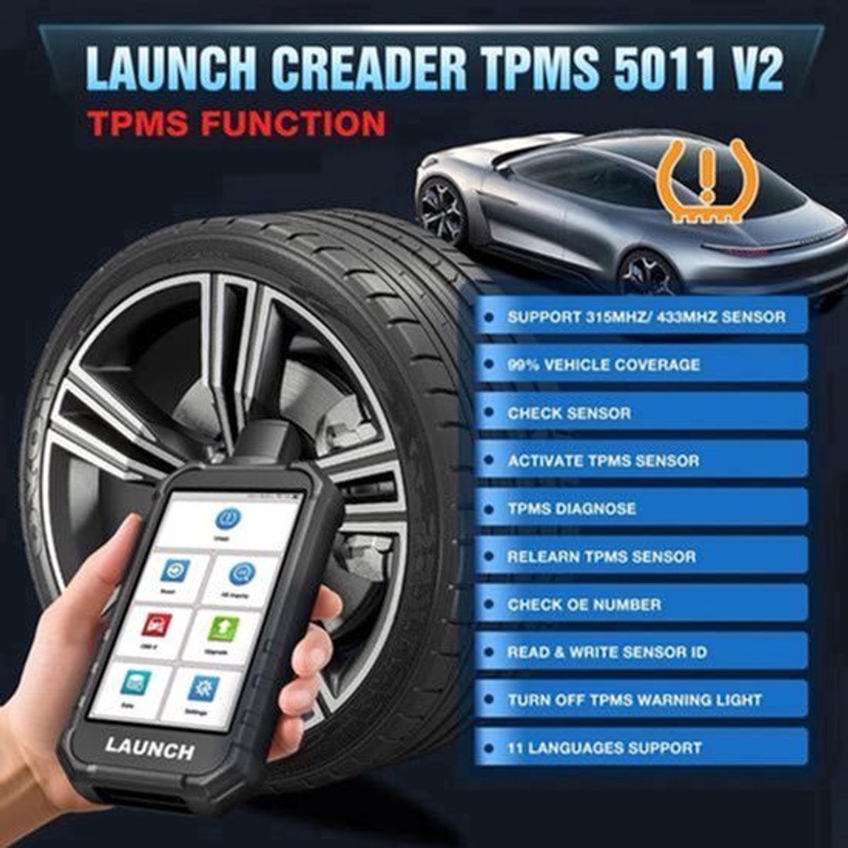 TPMS Diagnose Tool – Bandenspanningsensor Tester – Bandenspanning Monitor – TPMS Reset Tool – OBD-II Diagnose – 5-Inch Scherm – Wifi Updates