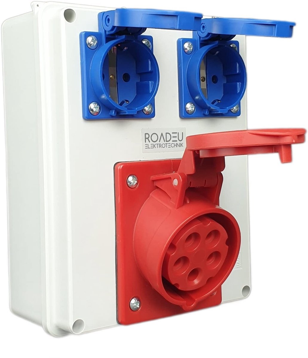 Wandmontage Stroomverdeler - 16A 5P 400V met 2x Schuko 230V stopcontacten IP44