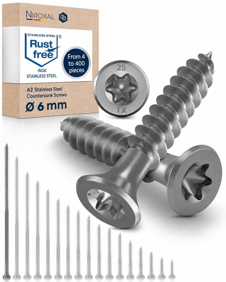 Houtschroeven V2A A2 - Gecountersinkte kop - 6 x 180 mm - 25 stuks