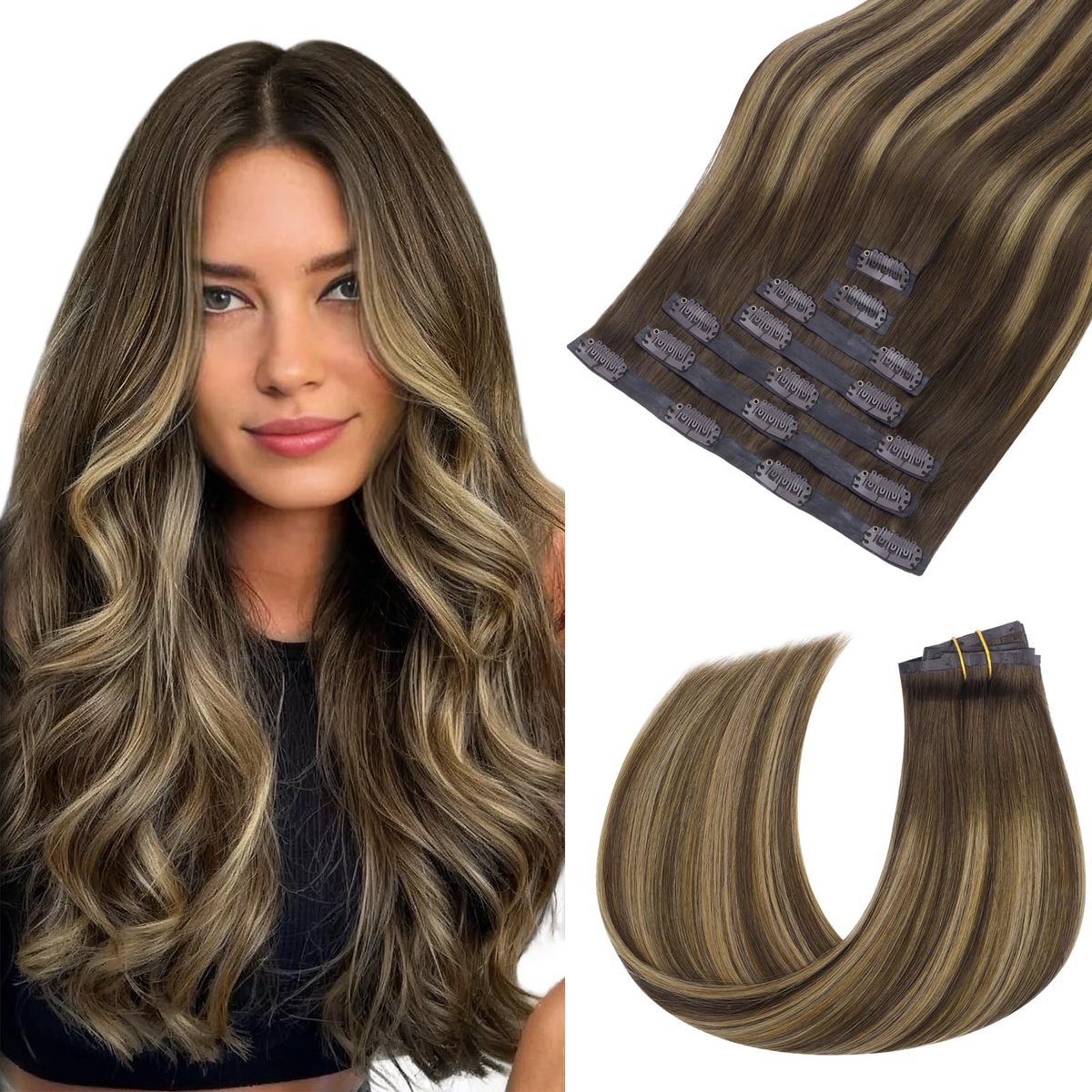 Clip-In Haarextensies - Balayage Chocoladebruin naar Caramelblond - 35 cm, 7 Stuks