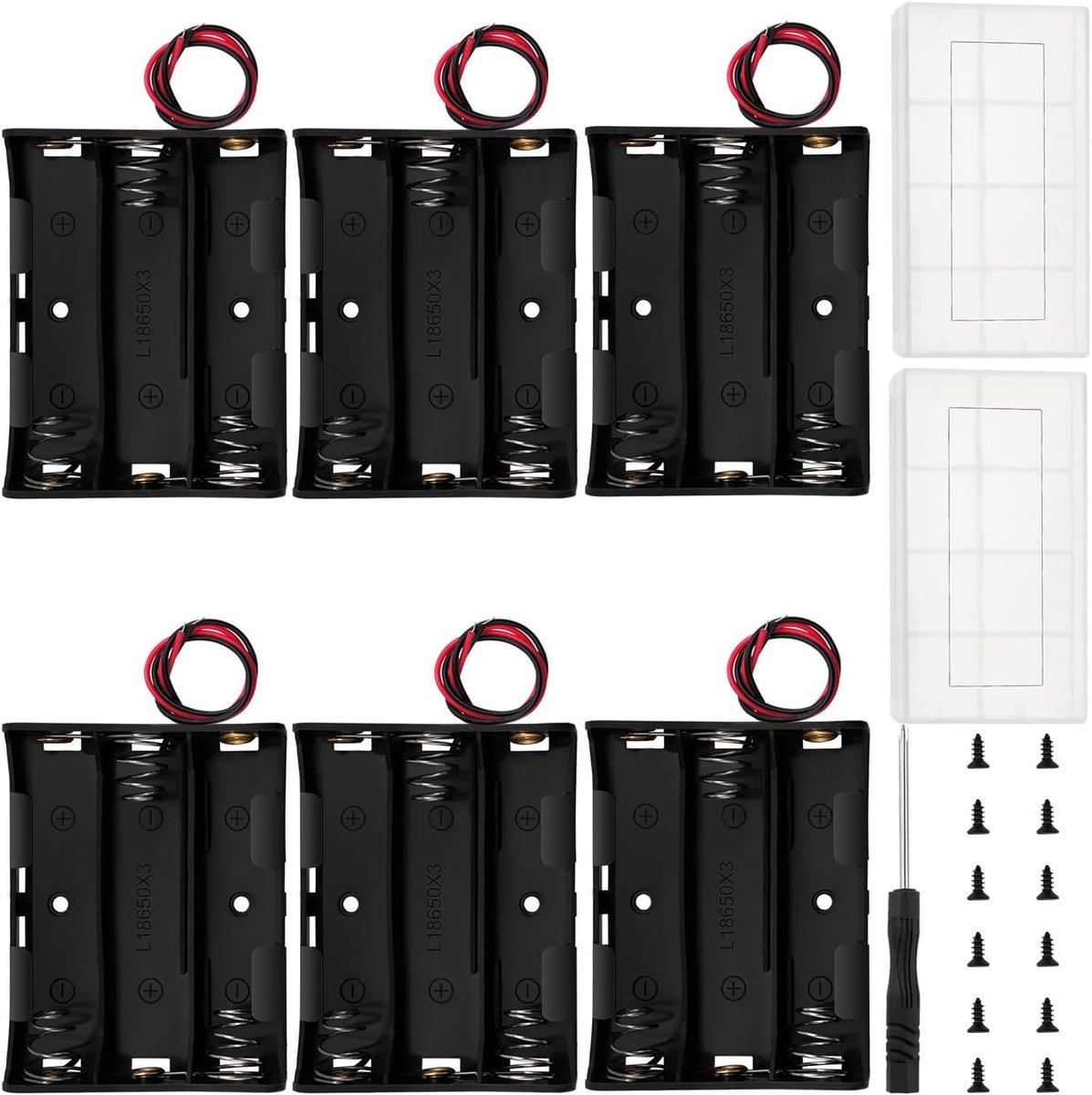 6 Stuks 18650 Batterijhouders met Draad, Inclusief 2 Plastic Batterijopslagdozen en Gereedschap voor Veilig Opslaan van Batterijen