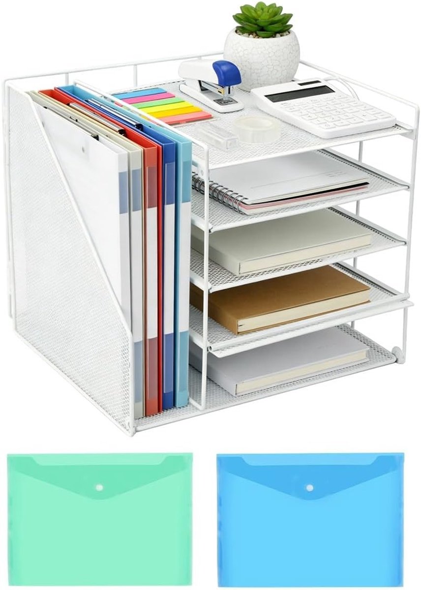 Multifunctionele Bureau Organizer met Documenthouder, 5-laags Briefbak, en Opbergruimte voor Kantoorbenodigdheden, A4 Documenten en Papierbeheer