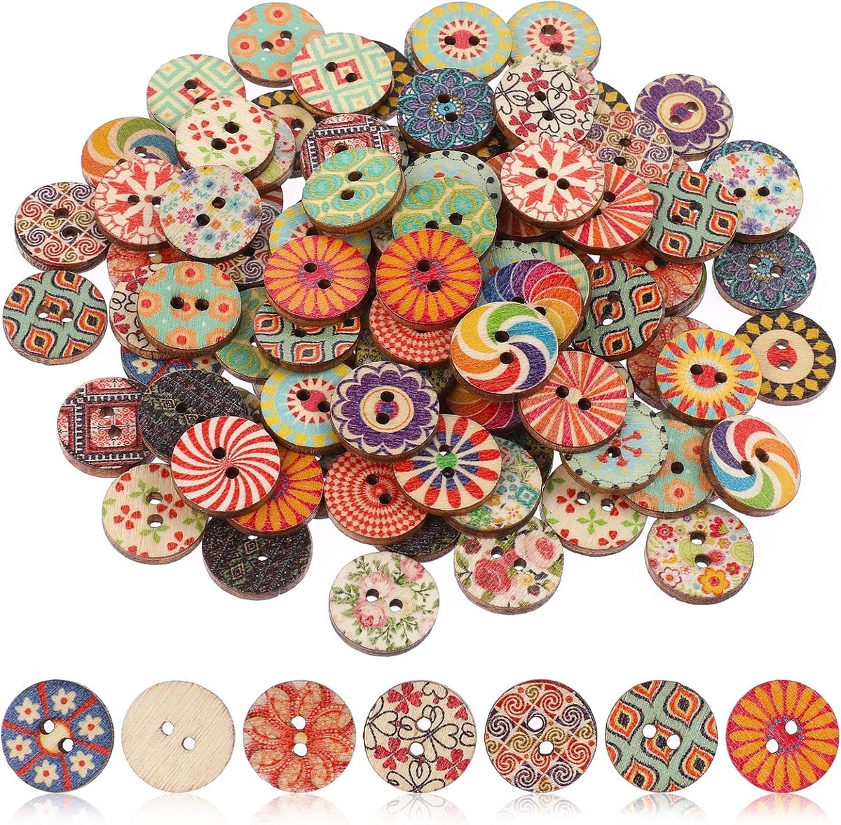 Houten Knopen voor Creatieve Projecten - 100 Stuks Assortiment met Vintage Rond en Bloem Motieven voor Naai- en DIY-Klussen (15mm)