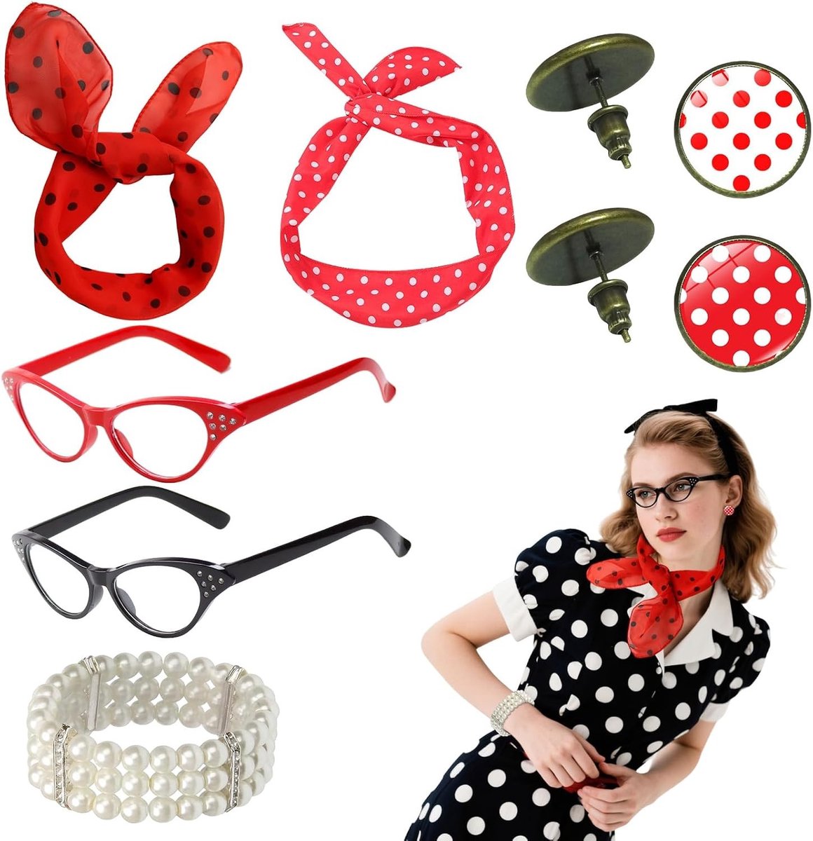 Retro 50s Accessoires Set voor Vrouwen - Kostuum met Haarband, Sjaal, Bril en Oorbellen voor Themafeesten in Rood en Zwart