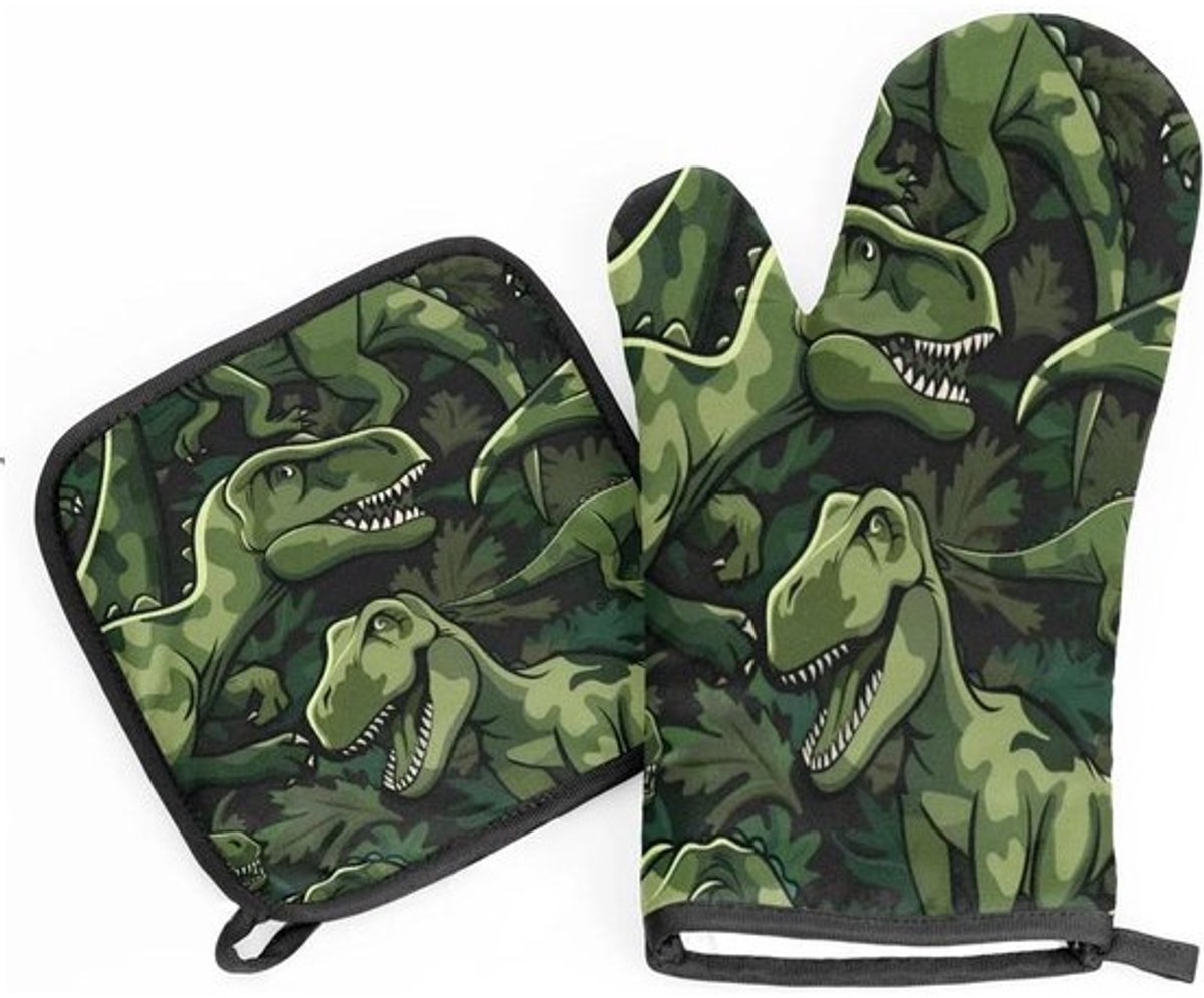Ovenwanten Set - Keukenhandschoenen Pannenlappen - Veilig Koken - Hittebestendig Waterdicht - 18.5 x 28 cm - Groen Camouflage