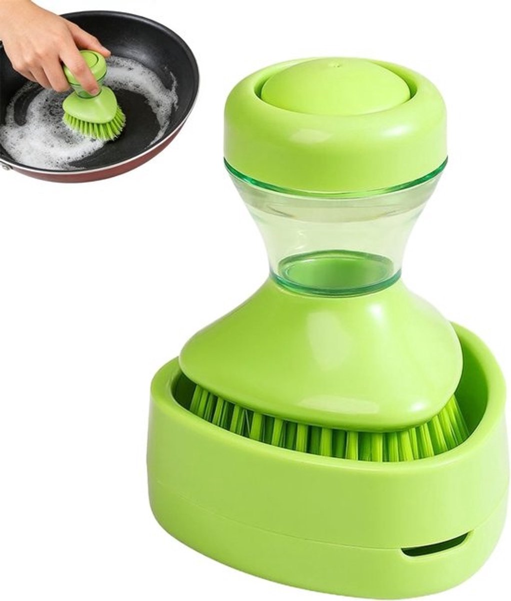 Afwasborstel met houder - Vaatwasborstel potscrubber - Keuken schoonmaken - Geïntegreerde zeepdispenser - 12 cm - Veelkleurig