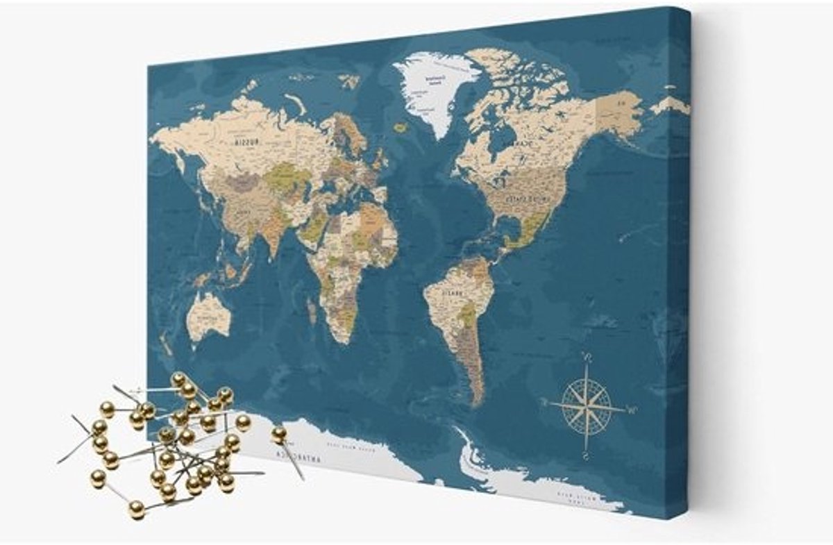 Akoestische Wereldkaart - Prikbord Kaart - Geluidsabsorptie Decoratie - Geïntegreerde Geluidsisolatie - 90x60 cm - Blauw