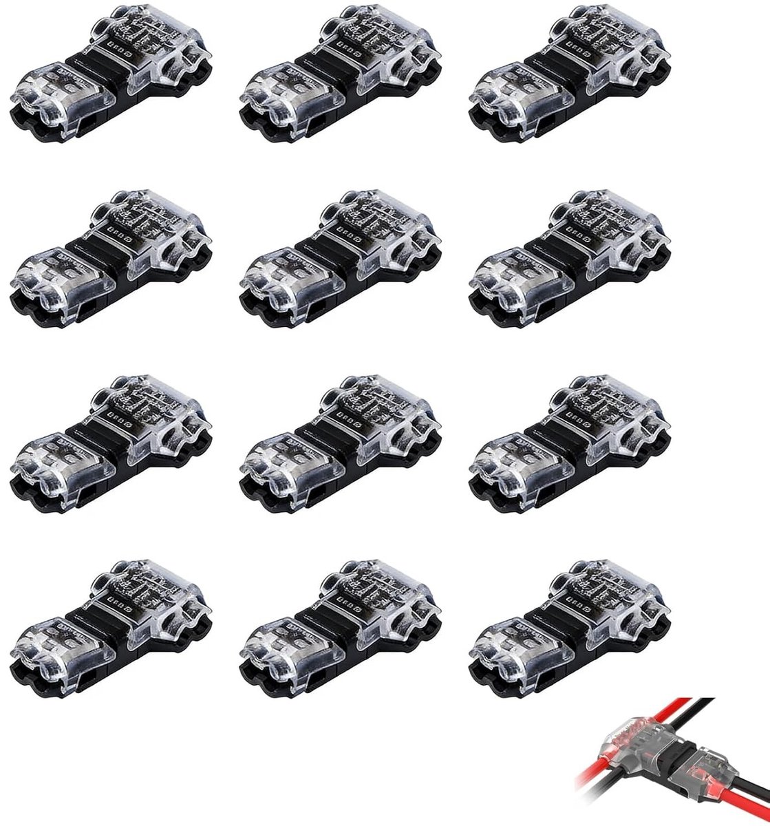 Set van 12 T-connectoren voor elektrische aansluitingen, snel voltage, 2-pins, waterdicht, voor 20-22 AWG kabels, geschikt voor LED verlichting, auto audio en doe-het-zelf projecten