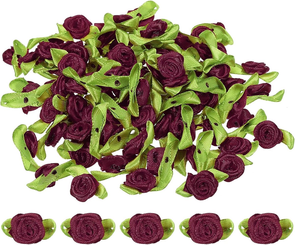 Mini lint rozen, 100 stuks kleine satijnen stof bloemen met groene bladeren versieringen, rozetten applicaties voor doe-het-zelf knutselen, naaien, bruiloft, donkerrood