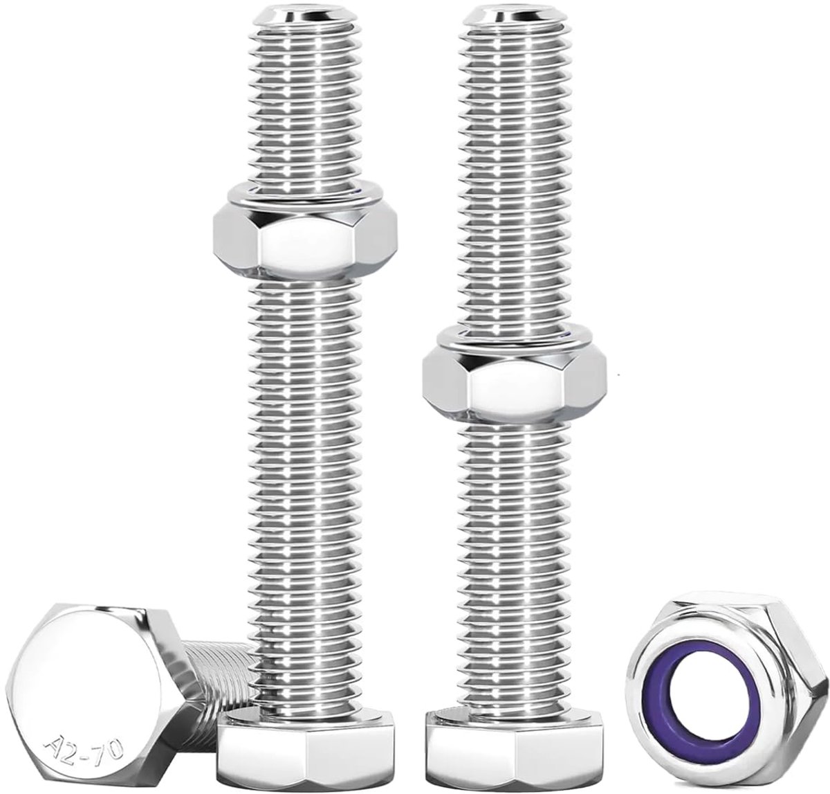 Zelfborgende bouten en moeren, M6 x 60 mm, roestvrij stalen schroeven, M6, 10 stuks, zeskantschroeven en moeren, set zeskantschroeven voor machines, meubels, fietsen, 3D-print