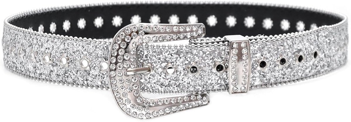 Riem met strass voor dames, leren riem met studs cowgirl cowboy, glinsterende netriem met strass, punk mode damesriem, voor jeans, broeken, jurken (zilver/zwart)