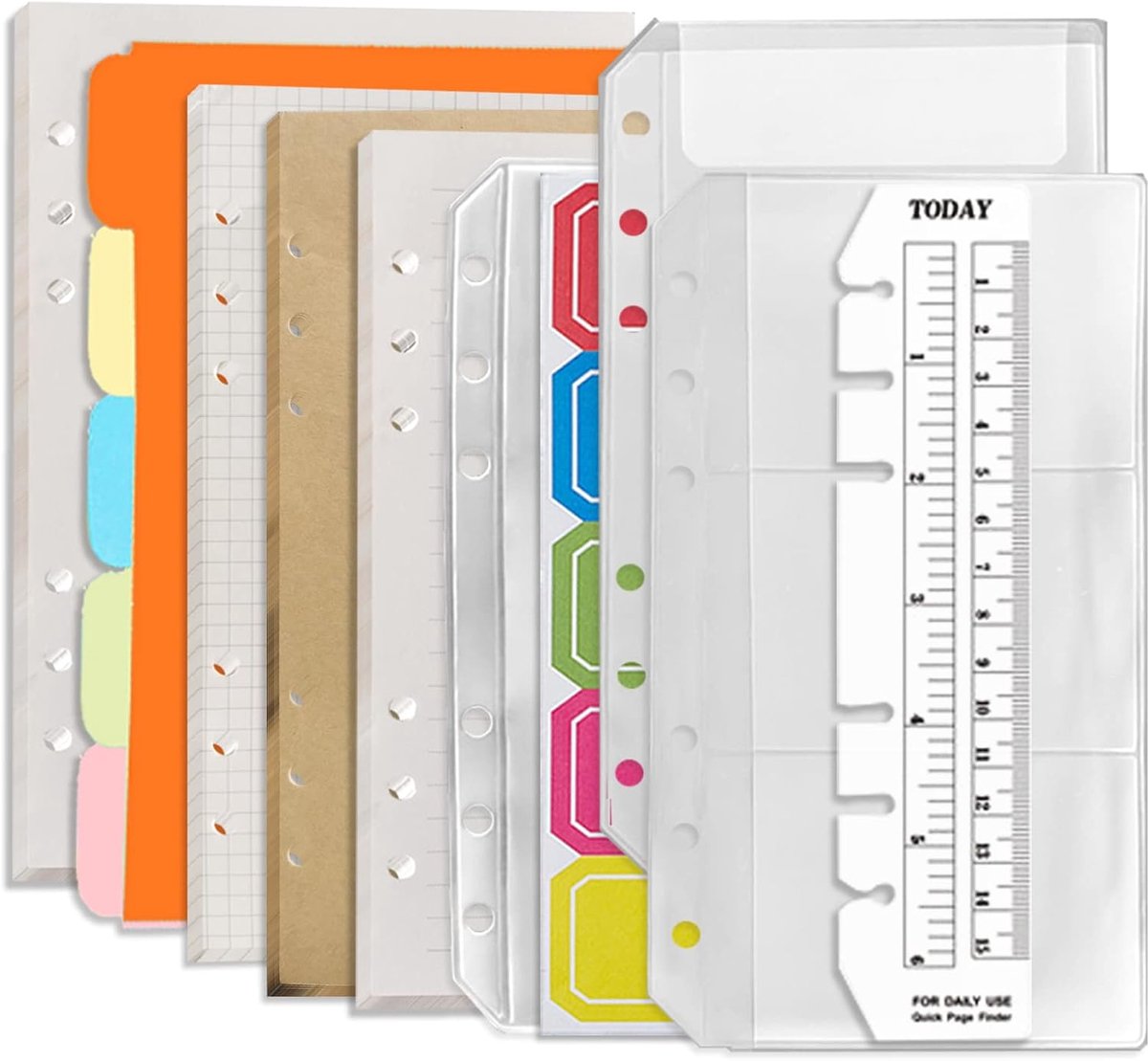 A6 6-gaats Binder Notebook Vullingen Set - (Gridded Paper Vullingen + Gelinieerd Papier + Kraftpapier + Blank Losse Blad Papier) 180 Vellen /360 Pagina's (45 Vellen van Elk Type) A6 Rits