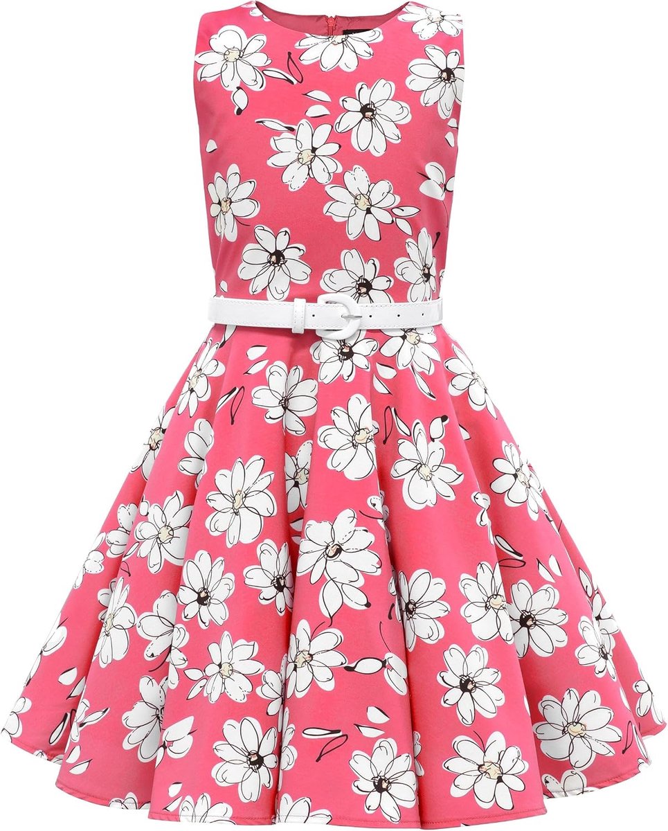 Audrey Stippenjurk, Roze bloemen, 13-14 Jaar | Cirkelrok, Stippen & Bloemen, Mouwloos, Ronde Halslijn, Afneembare Ceintuur, Gevoerd, Meisjes 3-14 Jaar