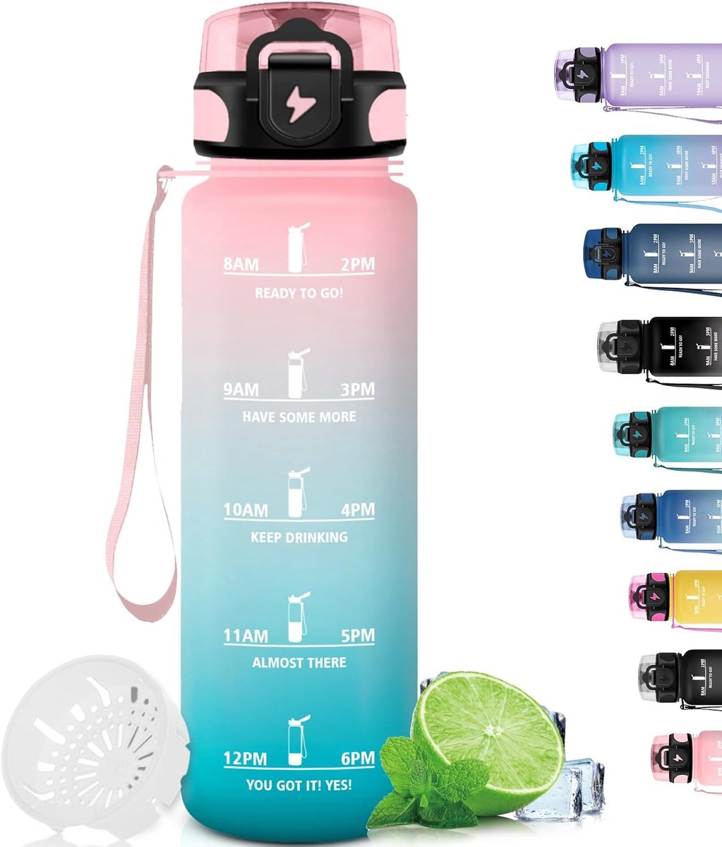 1 liter, voor fitnessstudio, met filter, motiverende drinkfles met tijdschaal, gemakkelijk te reinigen, drinkfles met tijdschema's voor drinken, drinkfles voor sport, wandelen,