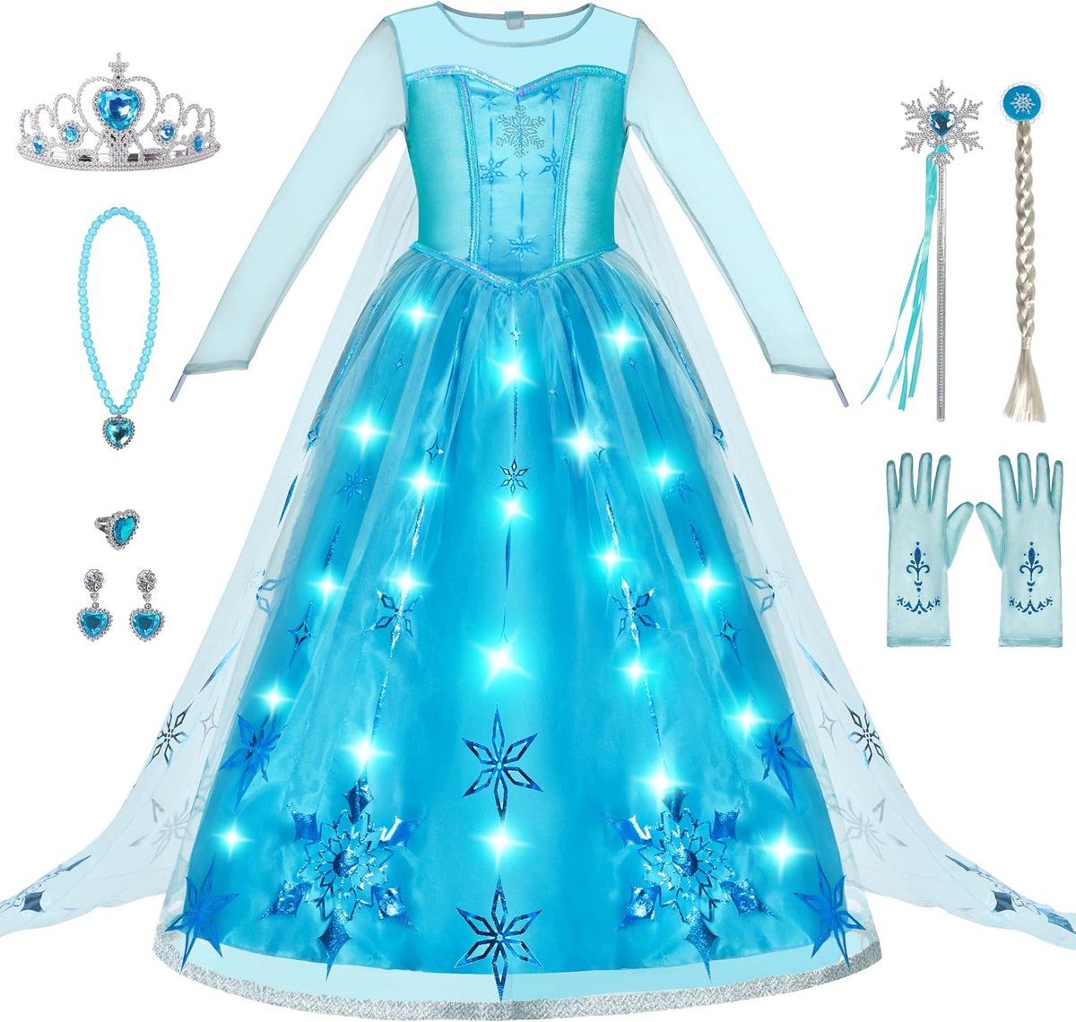 Creations Verlichte ijsprinsinsjurk voor meisjes, 8-delige set met cape en ledverlichting, perfect voor verjaardag, cosplay en Halloween, 3T (3-4 jaar))