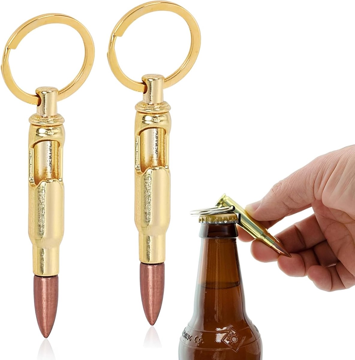 2 stuks bullet flesopener sleutelring, mini bullet bottle cap opener, sleutelring bal flesopener sleutelhanger, draagbare flesopener 8,2 cm lengte, goud