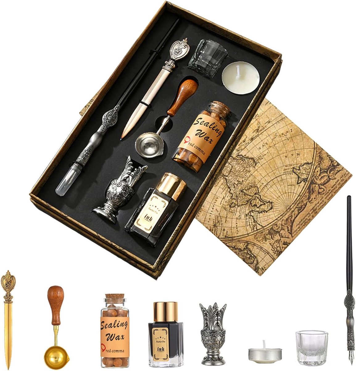 Schrijfpen Set met Inkt, Wax Seal Stempel Kit, Handgemaakte Antieke Pen, Smeltlepel, Briefopener, Theelichtjes, Wax-zegelstempelset Executief Cadeau en Antieke Kantoordecoratie