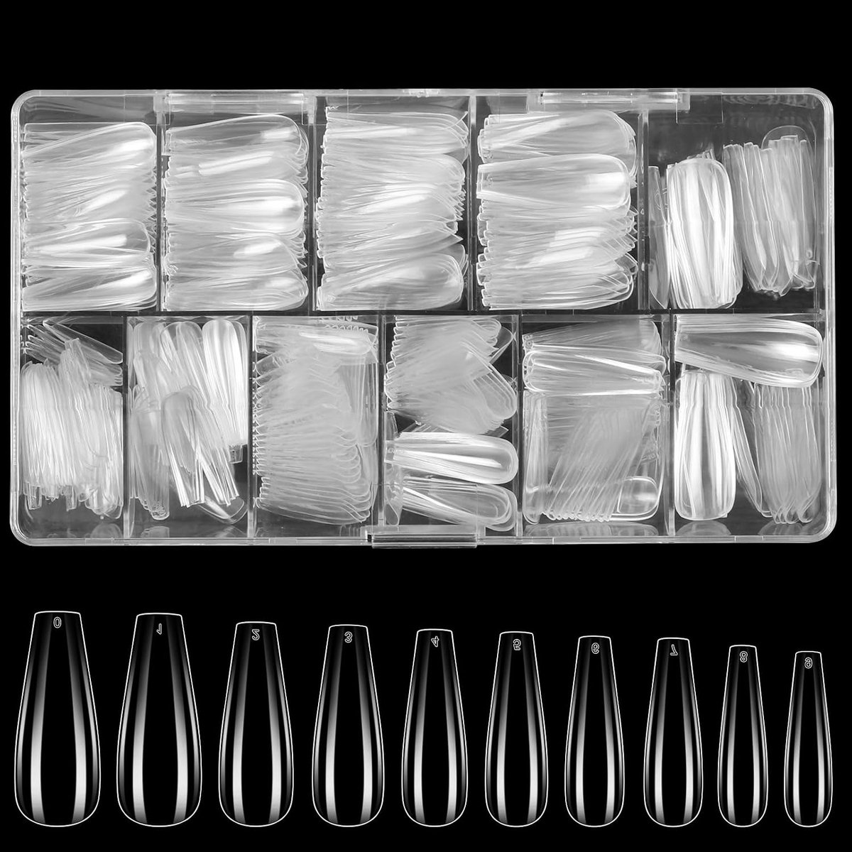 Amerikaanse nagelcapsule, 500 stuks kunstgelnagels, 10 maten, volledige dekking, Amerikaanse pose, transparant, voor nagelprothesisten, beginners, manicure en doe-het-zelf nail art