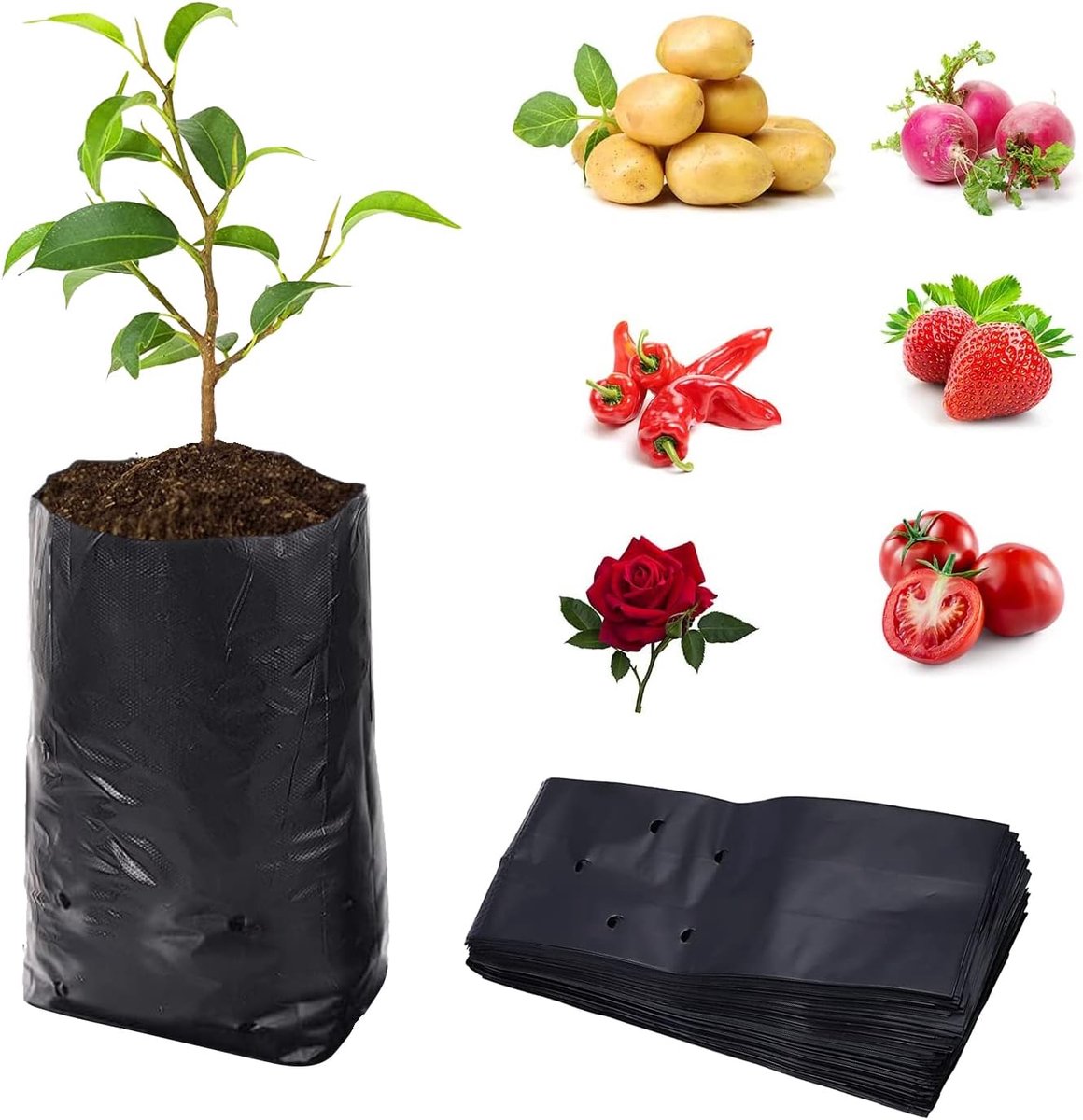 Zakken, 100 stuks, hoogwaardige PE-plantenzakken, groeizakken, biologisch afbreekbaar, verdikte plantenzakken met ademende gaten, zaailingzakken, 10 x 30 cm (d x h)