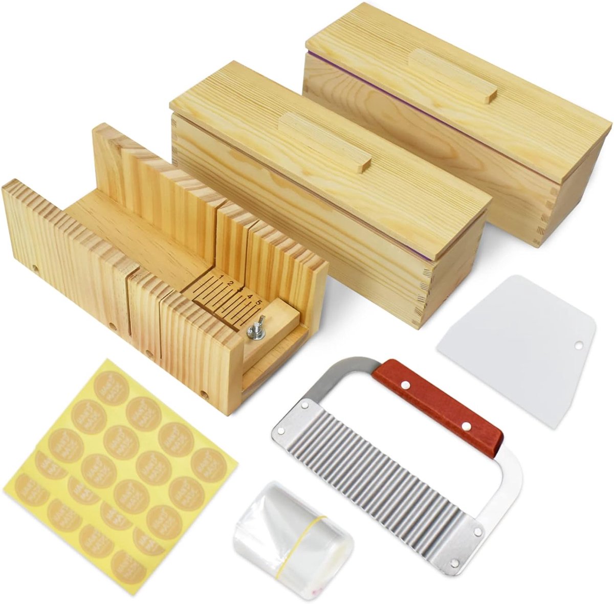 Brood Zeep Maken Snijmal Kit 2 Stks 44oz Rechthoekige Siliconen Zeep Mal, 2 Stks Houten Doos Met Deksel, Verstelbare Houten Zeep Snijgereedschap Met Roestvrij Staal Golvend & Plastic Rechte
