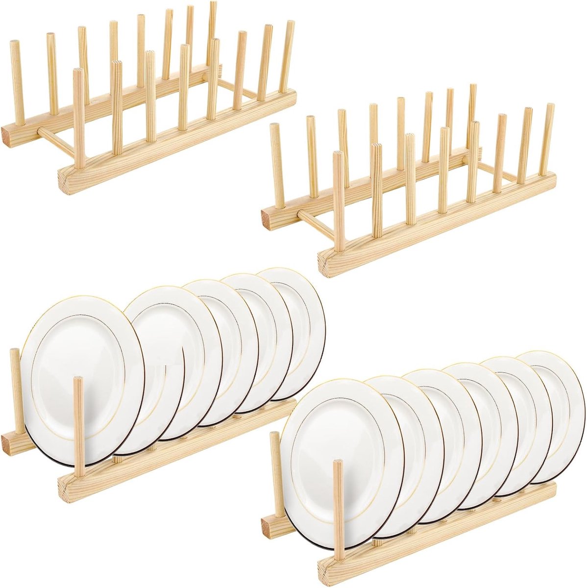 4 stuks houten bordenstandaard, 7 sleuven, bordenhouders, hout, afdruiprek, bamboe, bordenstandaard, bamboerek voor servies, kom, kopje, snijplank