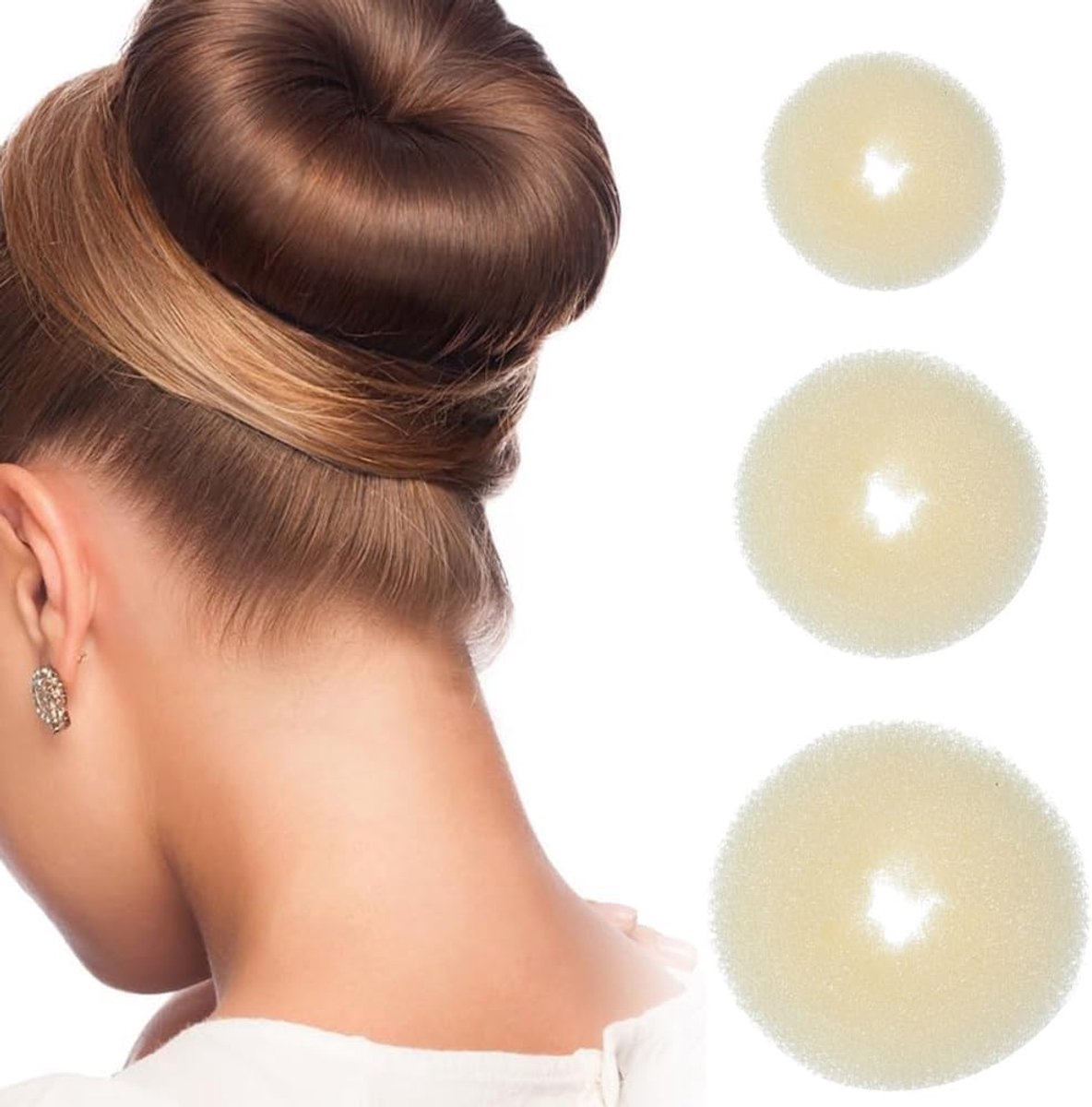 3 stuks, beige, haarknot, ring, donutvorm voor kort en dun haar (6 cm, 8 cm, 12 cm)