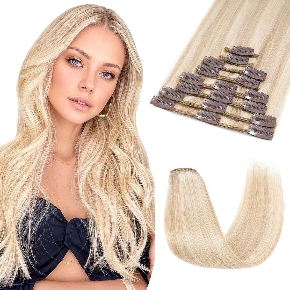 Haarextensies, echt haar, 8 clip-in extensies, 20 cm, #18/613, balayage blond