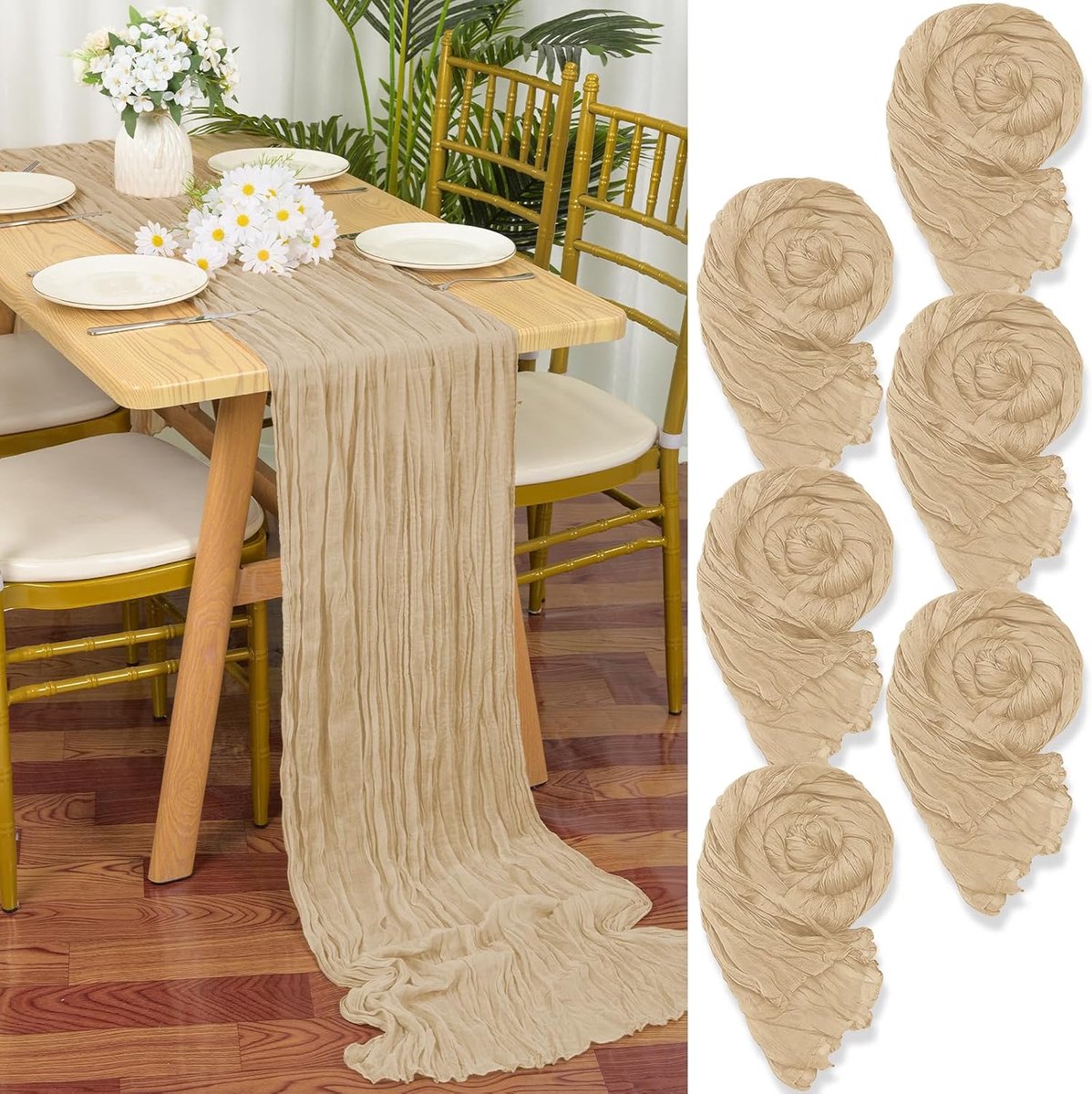 6 stuks kaasdoek-tafelloper, beige, 55 x 300 cm, rustieke gaasstof, boho-kaasdoek, cheesecloth voor bruiloftsfeest, bruidsfeest, tafeldecoratie