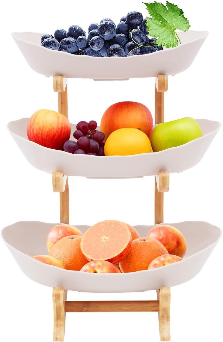 Fruitetagère met 3 verdiepingen, fruitschaal met bamboehouten standaard, 3 niveaus, serveerschalen met standaard, geschikt voor het opbergen van fruit, snoep, desserts enz. (beige)
