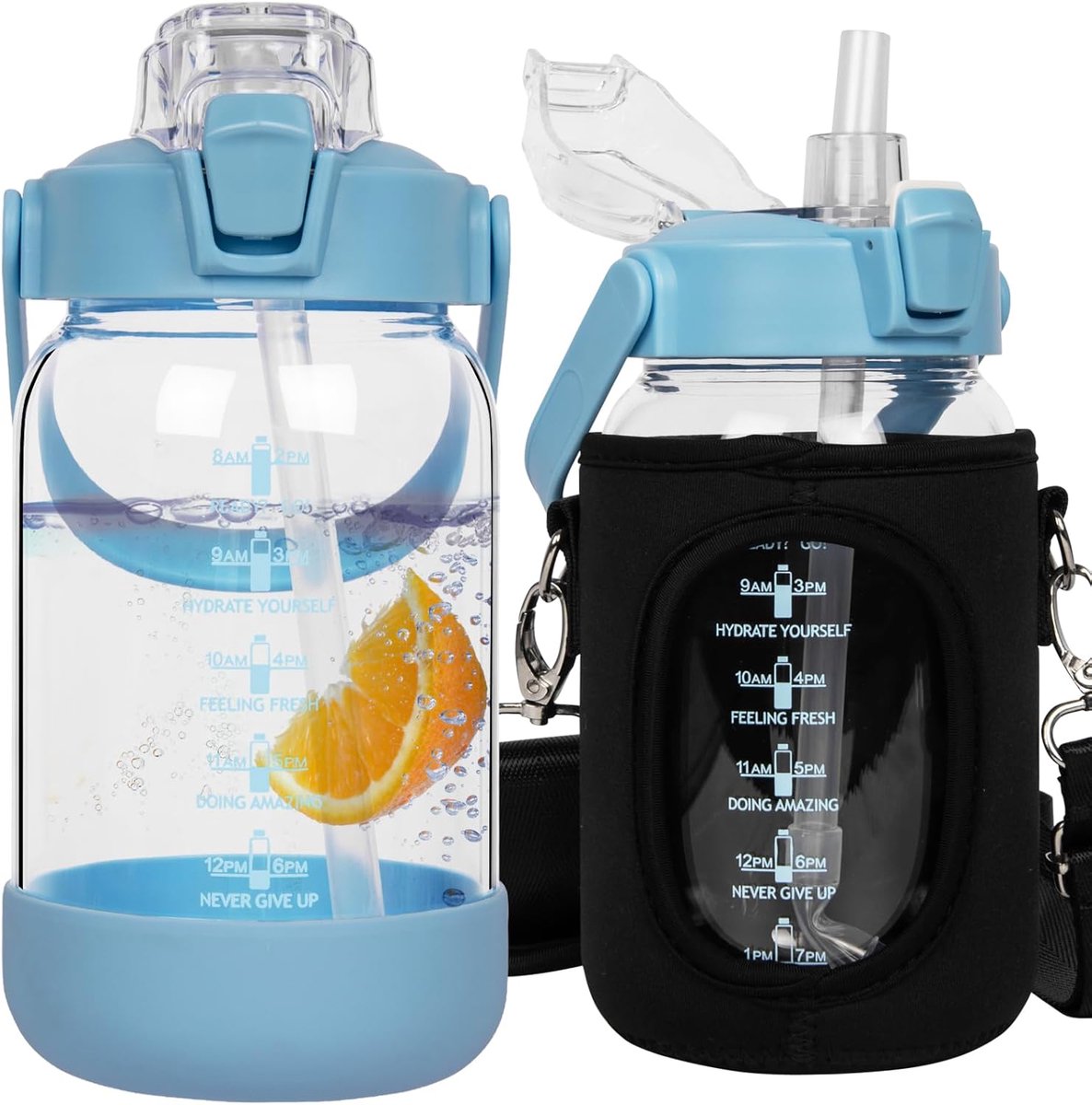 1l glazen fles | glazen drinkfles met rietje & tijdmarkering, lekvrij 1 liter grote glazen waterfles voor smoothies, geschikt voor koolzuurhoudende drank, vaatwasbestendig