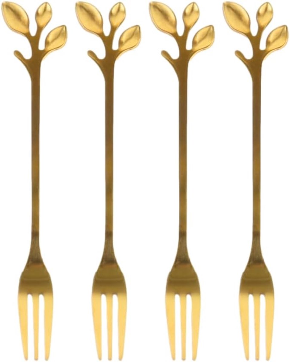 Gebaksvorkjes - 4 stuks - Goud met Bladeren - Dessertvorkjes - Taartvorkjes - LEAF