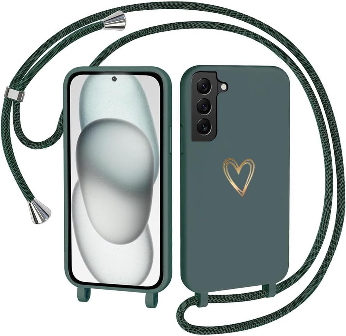 Telefoonband voor Samsung Galaxy S22 Hoes met band, hartpatroon siliconen halsband telefoonhoes met afneembare koord om te hangen stootvast bumper telefoonbeschermhoes voor Samsung S22 5G