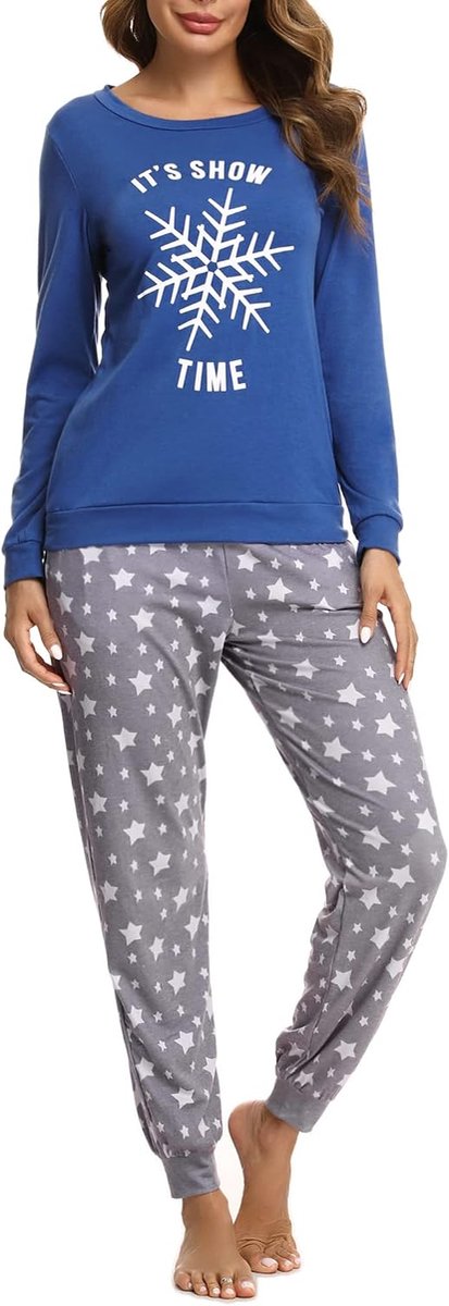 Pyjama voor dames, lang, geruit, pyjamaset met korte mouwen, katoen, winter, nachtkleding, vrouwen, geruite pyjamabroek, blauw, L