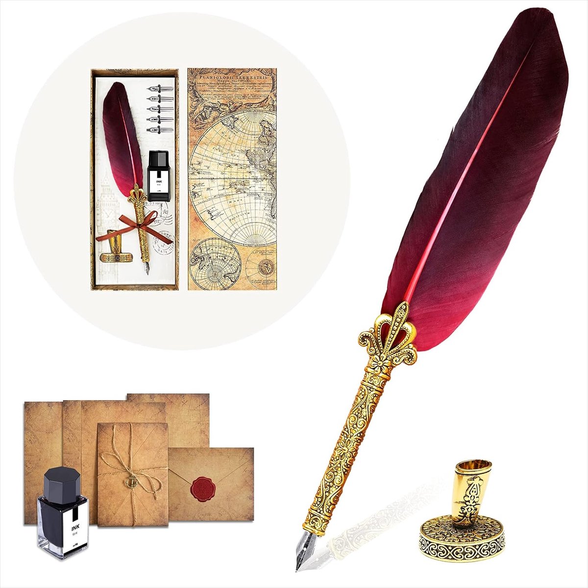 Pen, Handgemaakte Quill Pen en Inktset, Antieke Dip Veer Pen Set Kalligrafie Pen Set Schrijven Quill Ink Dip Pen met Inkt Pen Houder Gift Set (Red)