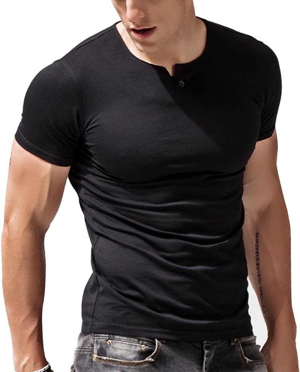 korte mouw katoen spier slanke aangepaste sport Henley T-shirt