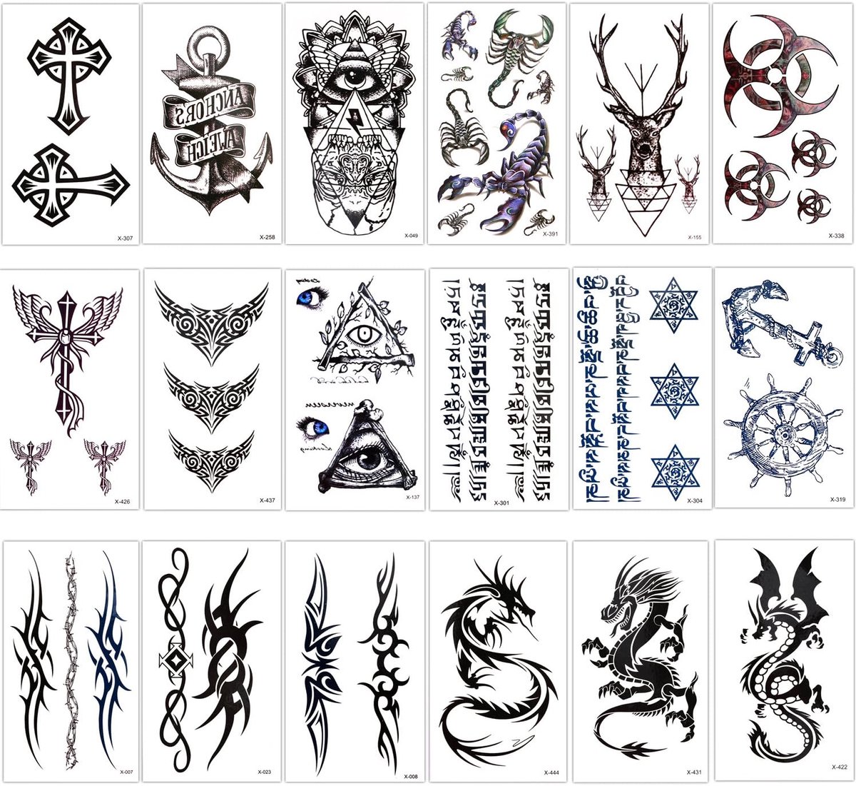 Tijdelijke tatoeages voor volwassen mannen vrouwen kinderen (18 vellen), waterdichte tijdelijke tatoeages neptatoeages body art sticker cover-up set, drakenanker oog schorpioen grafische eland