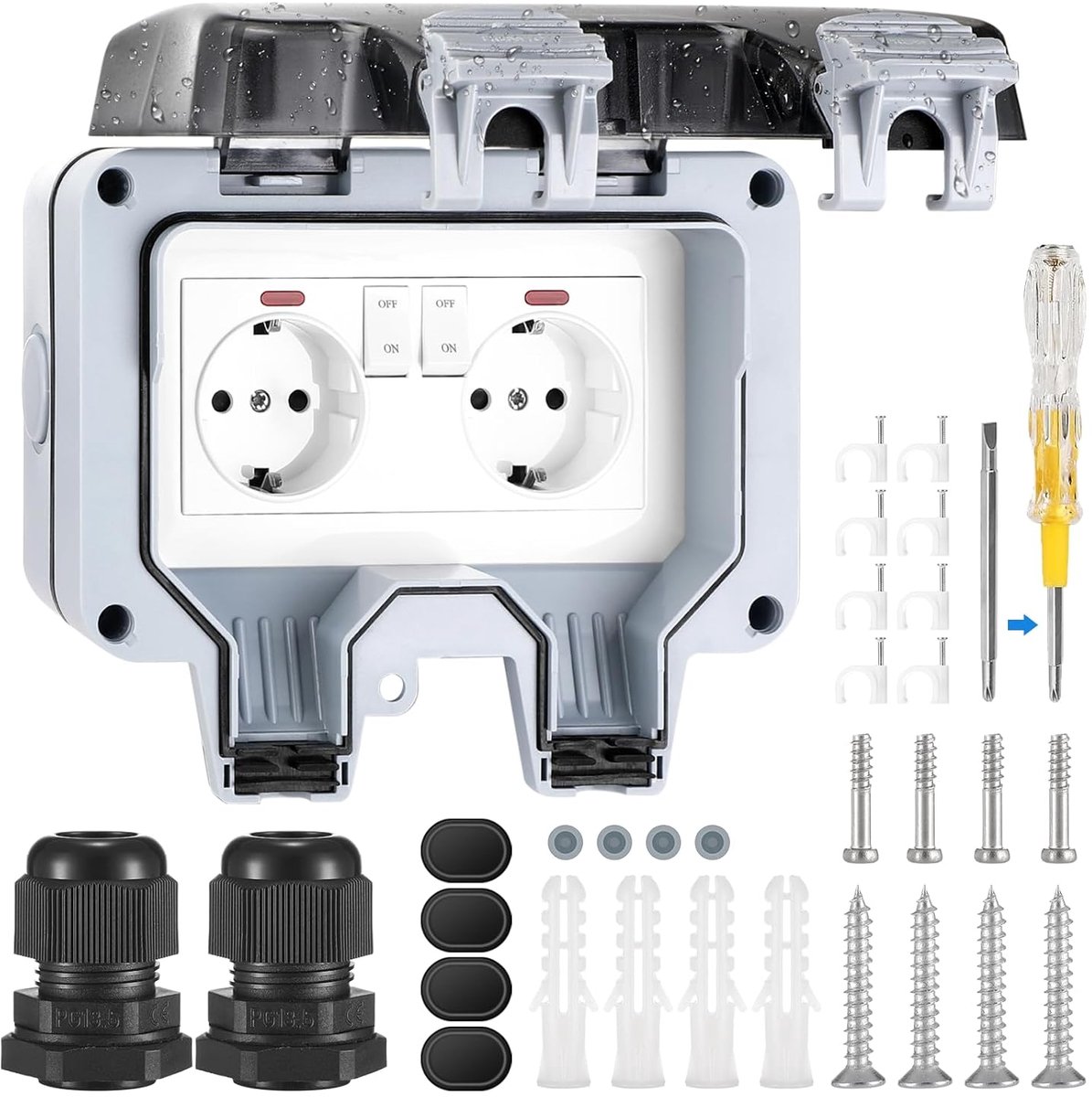 Stopcontact voor buiten, weerbestendige wandcontactdoos IP66, opbouw, met schakelaar, controlelampje, 2-voudig outdoor-stopcontact met klapdeksel, 16 A