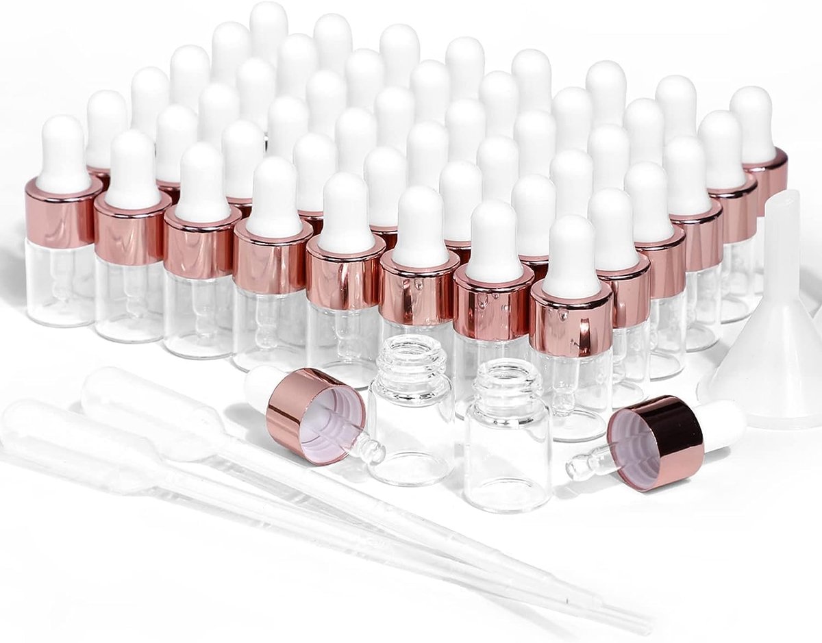 glazen druppelflesjes, 50 stuks etherische olieflessen met roségouden dop, doorzichtige lege tinctuurflesjes met oogdruppelaar dispenser gebruikt voor parfummonster, lichaamsolie, cosmetische