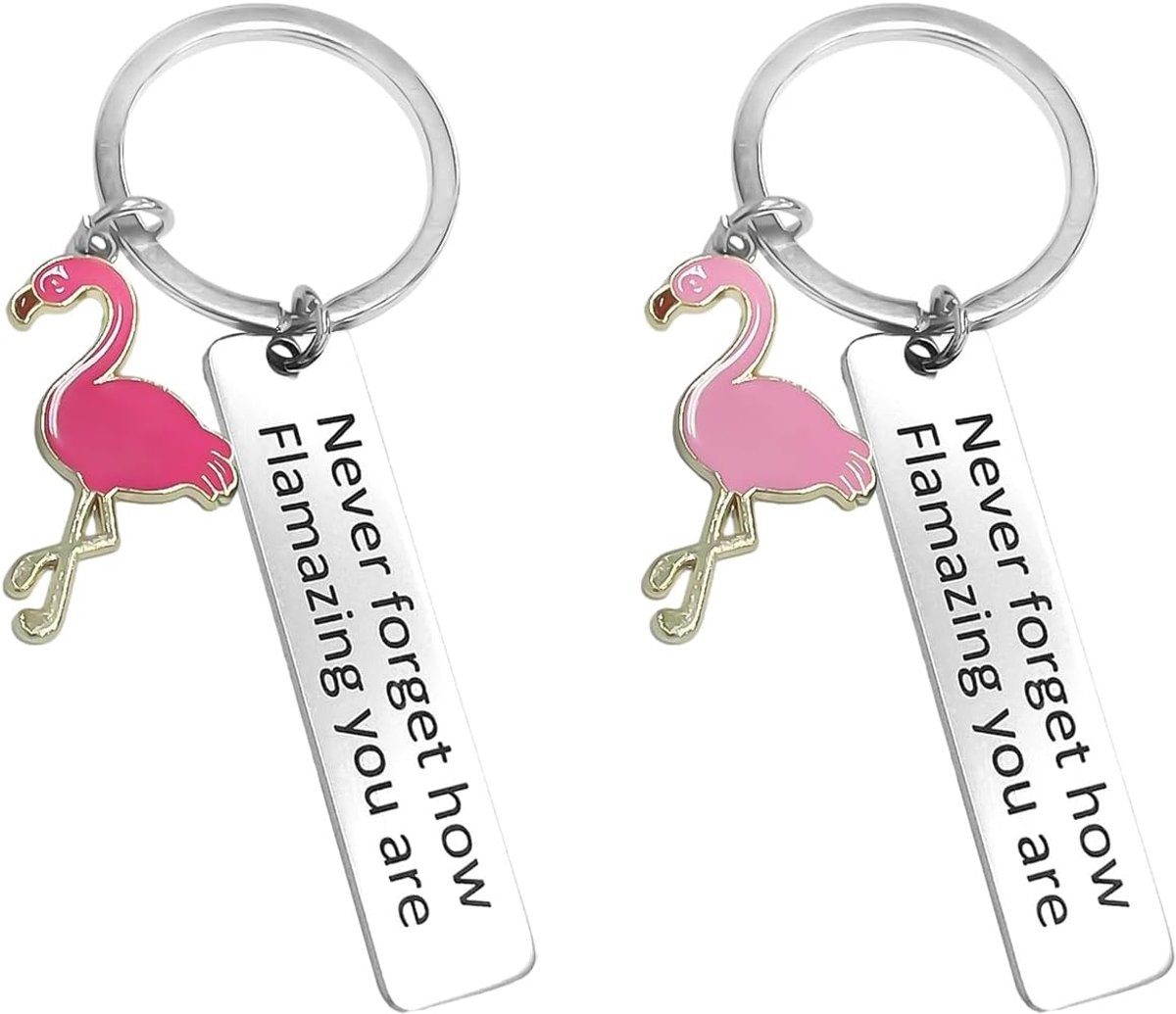 2 Flamingo sleutelhanger met geschenkdoos, roestvrij staal, aanmoediging, flamingo