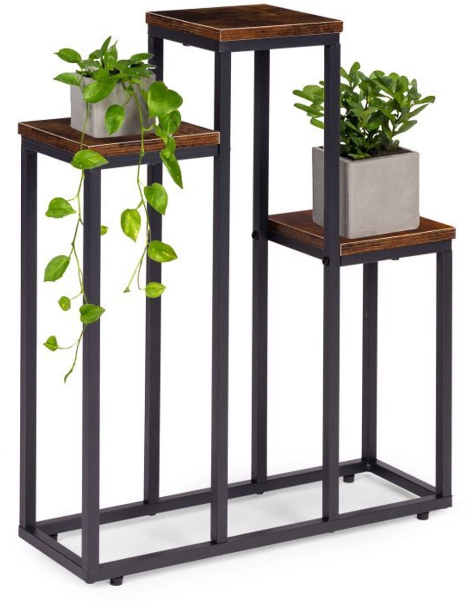 Kenz® - Plantenstandaard - 3 Laags - 64 x 19 x 8 cm - tot 15 kg - Plantenrek - Plantensteun - Plantentrap - Bloemenrek - Industriële stijl - Antislip