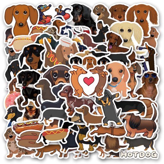 Collage van teckel stickers, met onder andere teckels met zonnebril, een teckel die danst en stickers van hotdogs en harten.