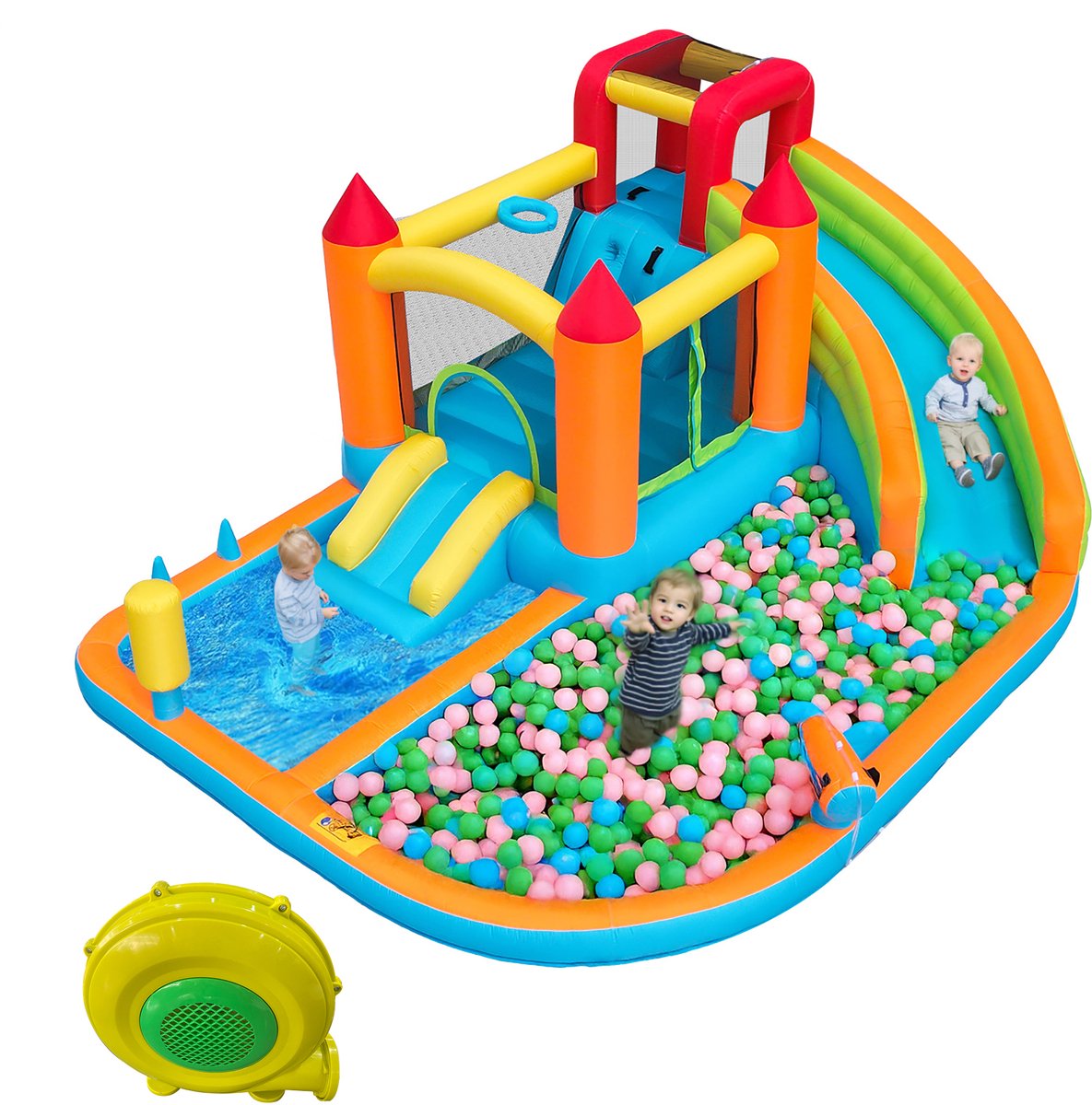 Opblaasbaar springkasteel Multifunctioneel waterpark - Waterglijbaan - Trampoline - Basketbalring - 2 zwembaden - 3 glijbanen