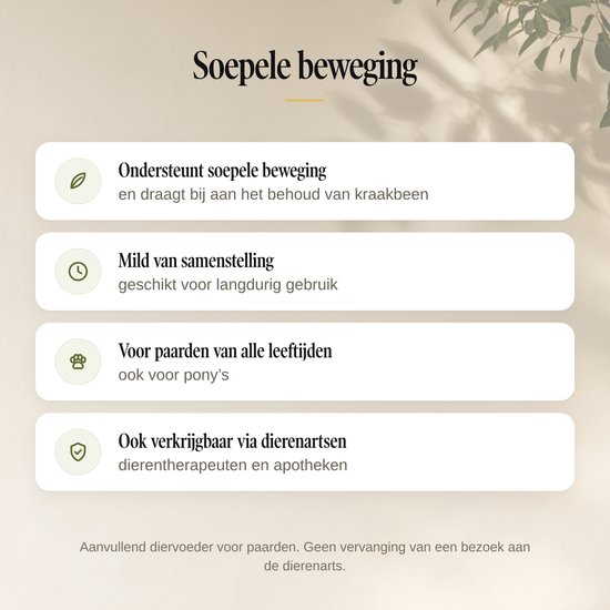 Sensipharm: ondersteunt soepele beweging, mild van samenstelling, voor paarden van alle leeftijden, ook verkrijgbaar via dierenartsen.