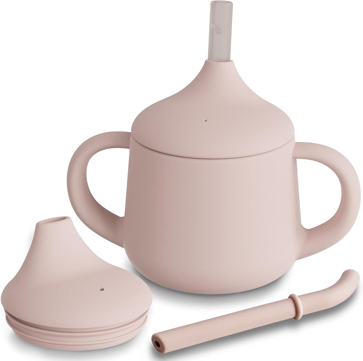 Drinkbeker, Spenen Sippy Cup voor baby's, 3 Step Trainingsbeker, Siliconen Tuitbekers, Babybeker met Handvatten en Rietje, Vaatwasserbestendig, 4 oz(Blush)