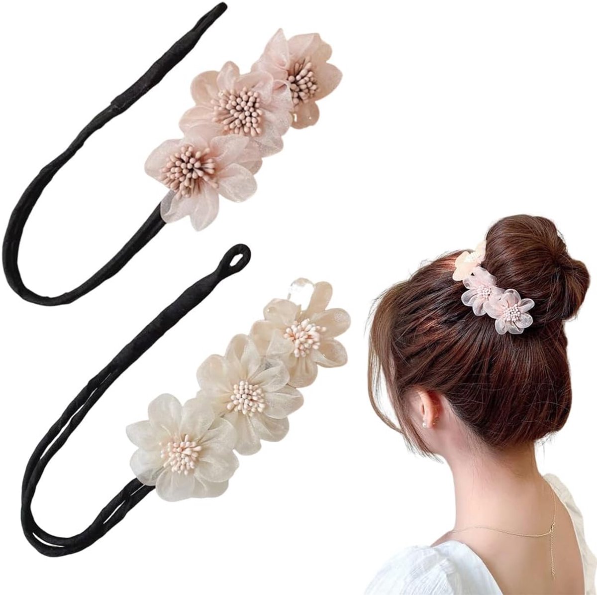 2 stuks Flower Hair Bun Roller Twist Haarstijl knot haarsieraad knot haarclip luie krulspelden haarknotenmaker voor vrouwen en meisjes (wit roze)