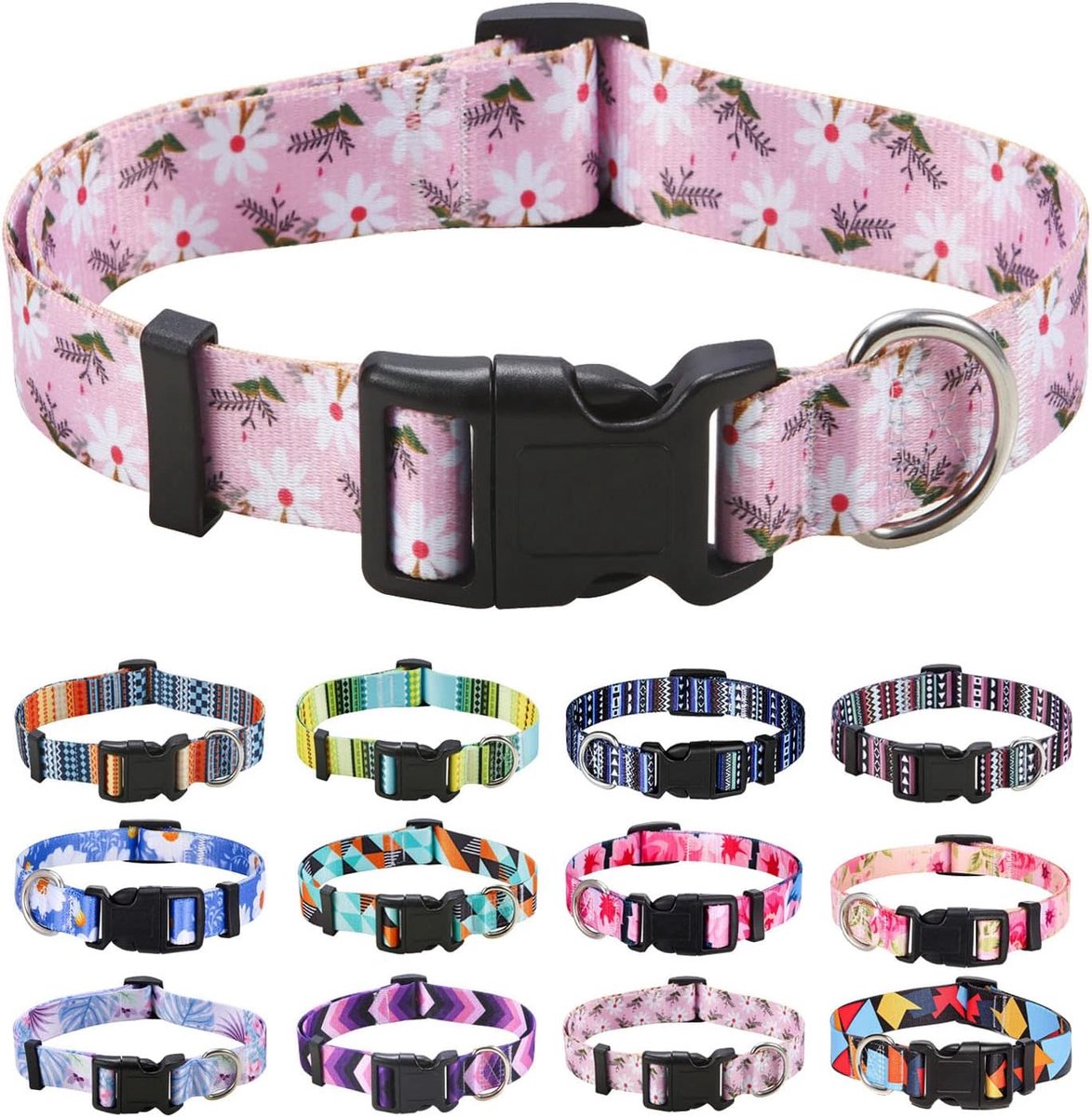 Zachte halsband voor honden, met bloemmotieven, verstelbaar, voor kleine, middelgrote of grote honden (roze/witte bloem, XS)